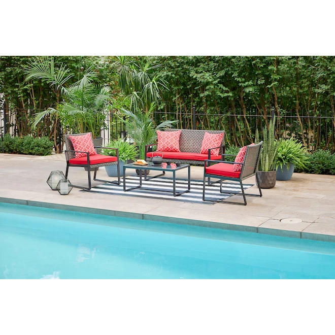 Allen + Roth Ainsley 4-Piece Steel Frame Patio Conversation Set with Niuchen Fabric Cushions - Red and Black 4 Allen + Roth Ainsley 4-Piece Steel Frame Patio Conversation Set with Niuchen Fabric Cushions - Red and Black - Image 2